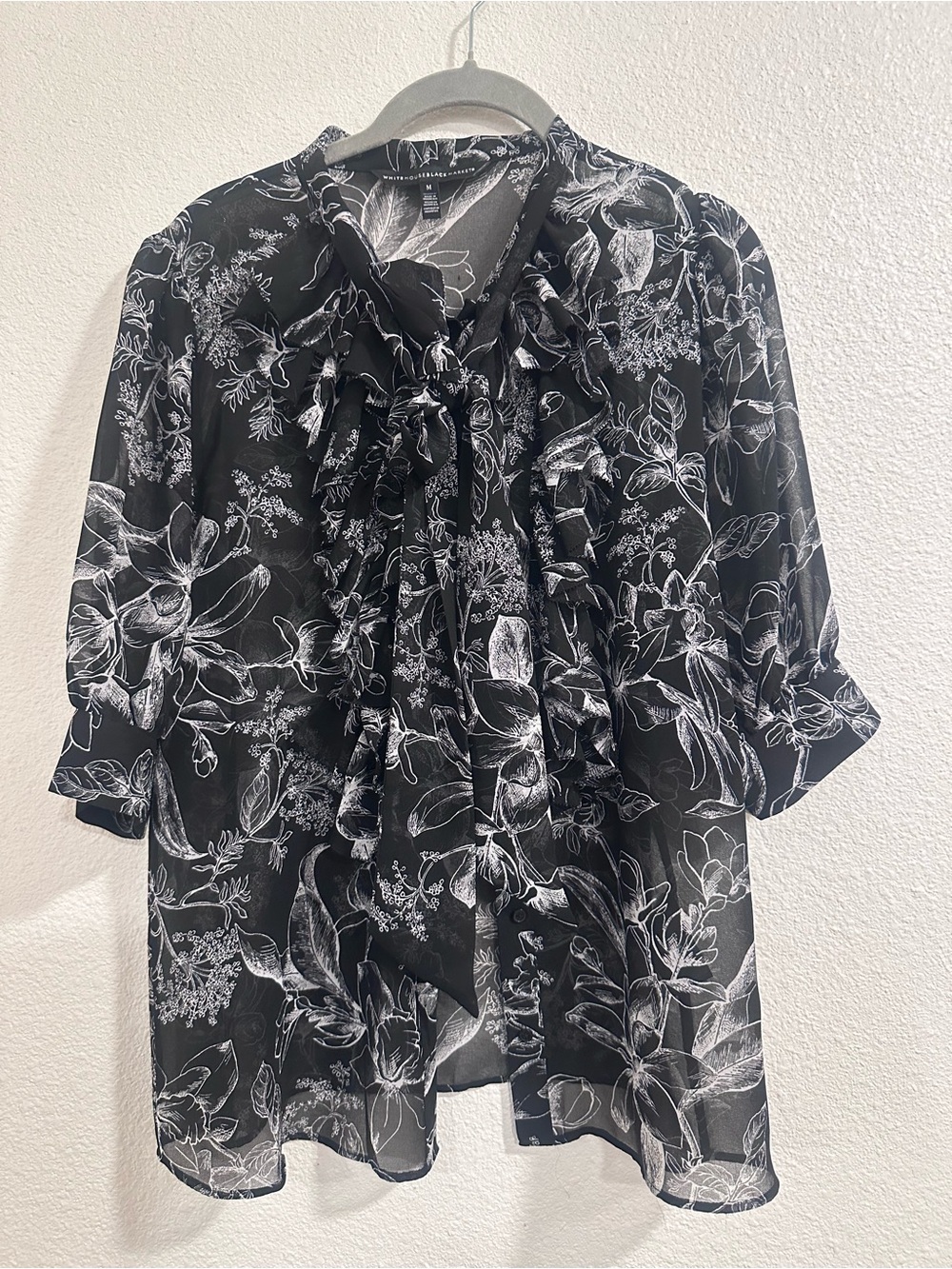 White House Black Market Black Floral Tie-Neck Blouse